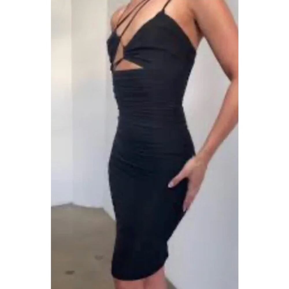 NWT LEAU Seoul Strap Cut-out Mesh Bodycon Dress Strappy Ruched Brown Sz XS Sexy - Picture 6 of 12